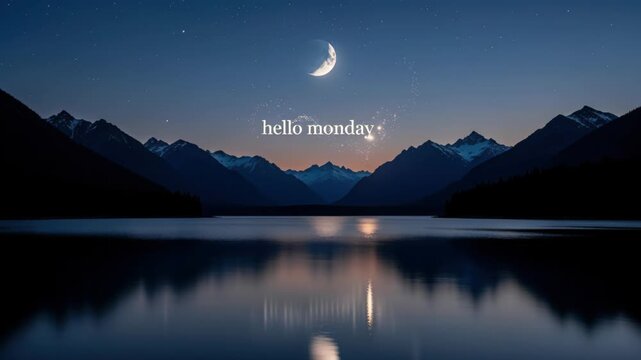 Calm Monday Morning by Crescent Moon: A serene mountain lake reflects the twilight sky as a sliver moon hangs above, hinting at the start of a new week with the gentle phrase hello monday.