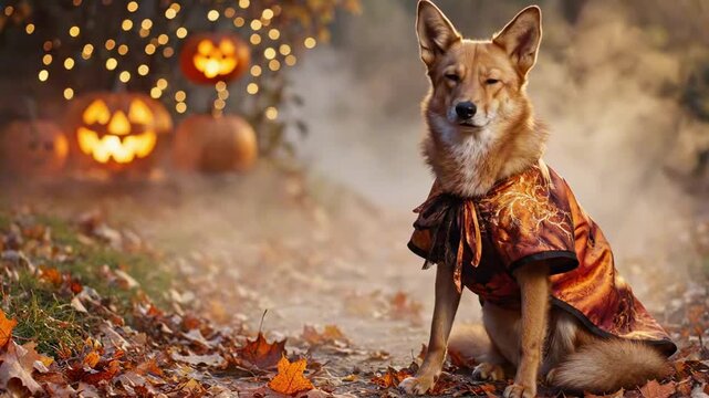 Foxlike tan dog with dense smooth coat wearing orange satin cloak, animals in costume halloween scene on misty autumn path with glowing pumpkins, fallen leaves, and soft golden bokeh in dusk