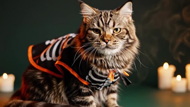 Long striped fur tabby cat wearing black skeleton costume, animals in costume halloween portrait on dark green studio set with candle glow, smoky background, and calm watchful eyes at night scene