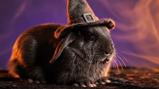 Soft black rabbit with sleek fur wearing tiny felt witch hat, animals in costume halloween portrait on dark textured floor with purple backdrop, warm rim light, and quiet magical mood at dusk