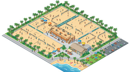 Fototapeta premium Isometric Illustration of a Tropical Beach Volleyball and Pickleball Sports Resort with Multiple Courts and Pavilion
