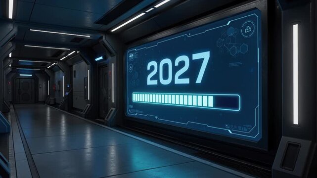 Future Unveiled: A futuristic corridor displays the year 2027 on a progress bar, hinting at upcoming advancements and imminent change.
