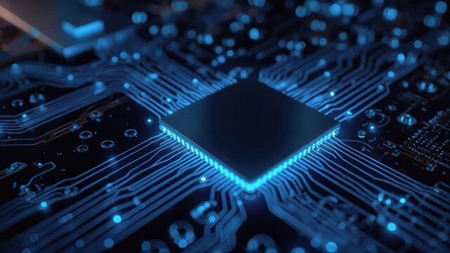 Glowing microchip circuit board with neon blue traces and futuristic lighting motherboard processor