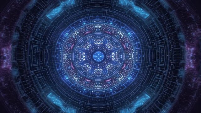 Glowing blue purple digital mandala with intricate circuit patterns and futuristic neon circuitry