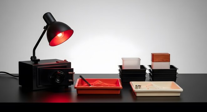 Darkroom Setup with Red Lamp and Developing Trays
