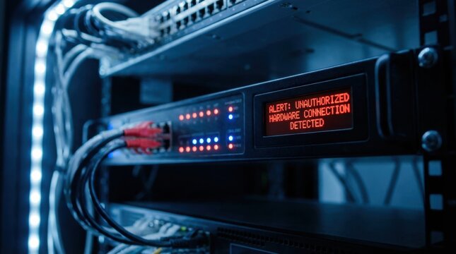 Blue illuminated network rack with servers and cables in data center.