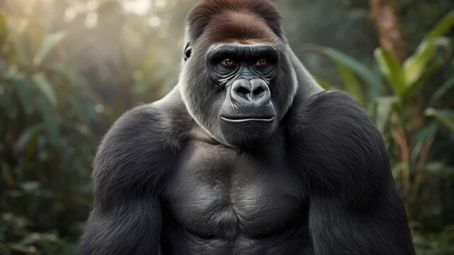 Majestic male gorilla primate portrait lush jungle rainforest with warm soft sunlight and calm