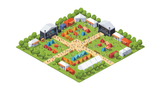 Isometric Music Festival and Camping Site Illustration with Outdoor Stages, Tents, and Food Stalls on White Background