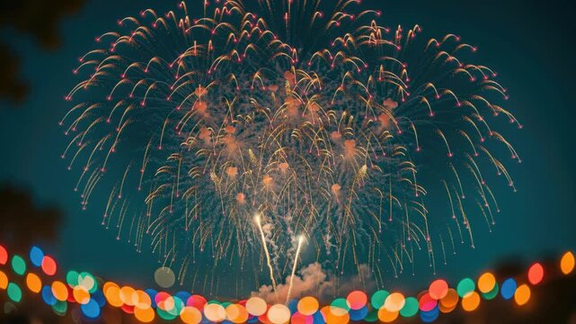 Fireworks Celebration: Dazzling fireworks illuminate the night sky, set against a backdrop of colorful bokeh lights, marking a joyous celebration or festival.