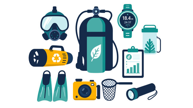 Scuba Diving Equipment Set With Gear Essentials.
