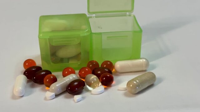 Green pillbox with scattered supplement capsules. Closeup view of translucent green container open on white surface, assortment