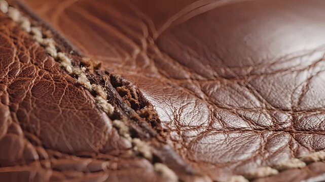 Closeup Macro Shot of Stitched Brown Leather Texture with Natural Wrinkles.