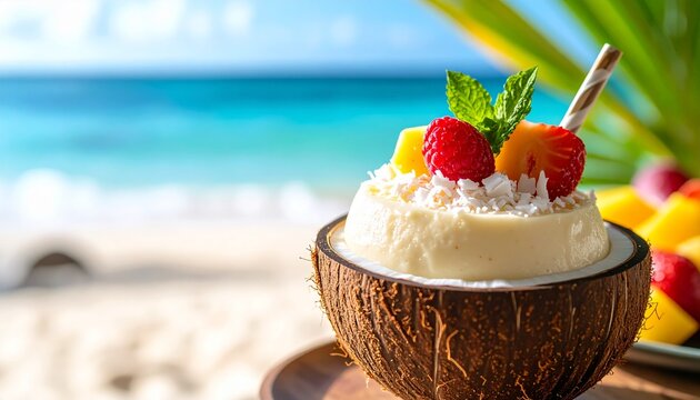 A tropical coconut pudding served in a coconut shell, beachside ambiance, fresh tropical fruits