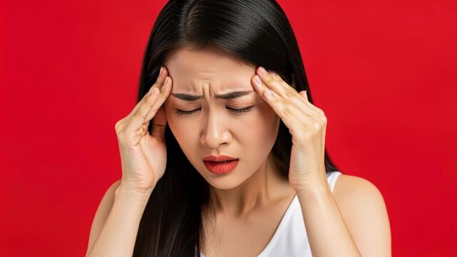 Asian Woman with Headache: A young Asian woman clutches her head, her expression contorted in pain, conveying the intense discomfort of a severe headache.