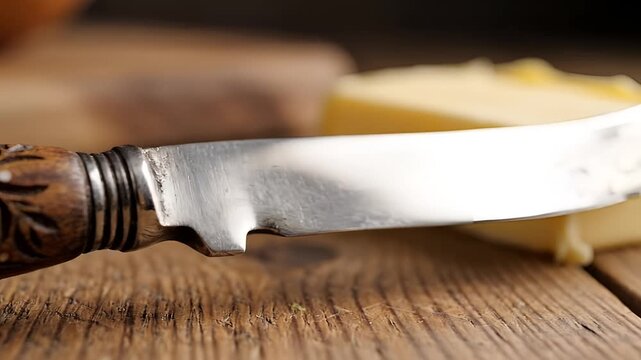 Closeup of a vintage cheese knife with a floralpainted handle on a wooden table.