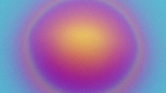 Grainy abstract iridescent background with floating bubble shape. Holographic fluid moving circle frame in center of light blue backdrop. Rainbow gradient in yellow, peach orange, pink, purple, violet