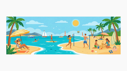 Fototapeta premium A vibrant, idyllic beach scene teeming with people enjoying various summer activities under a clear blue sky with a radiant sun