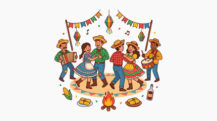 Fototapeta premium A lively illustration of a traditional folk festival dance, with couples twirling on a circular dance floor, musicians playing instruments, and colorful decorations overhead.