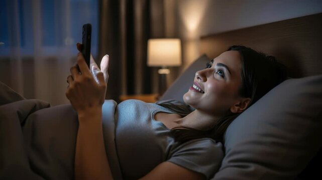 Late Night Glow: A young woman smiles, illuminated by the soft glow of her smartphone screen as she lies in bed, enjoying a quiet moment before sleep.