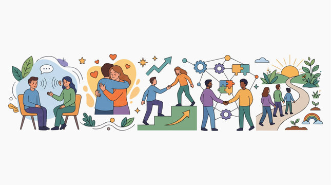 A heartwarming illustration depicting different stages of human connection and growth, from personal support to collaborative journeys and community building