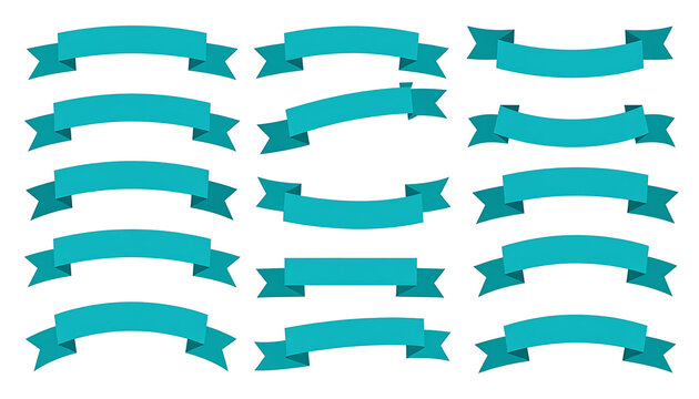 Set of pixel art banners in teal, ribbon shapes, flat design elements, isolated on white background, retro game style