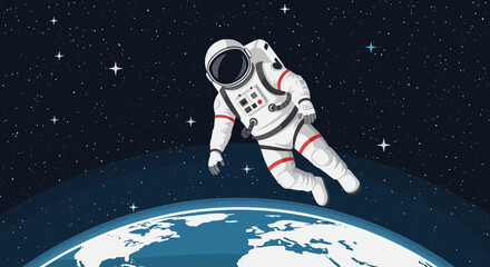 Astronaut floating in space above Earth, stars and galaxy background © Untung