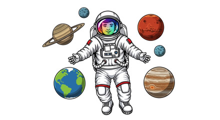 Astronaut Floating Among Planets and Stars, Space Exploration Concept © Untung