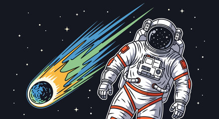 Astronaut floating in space near a fiery meteor, cosmic journey, stars background © Untung