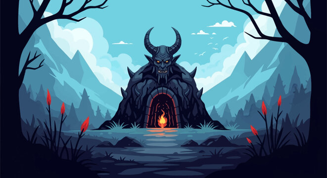 Vector illustration of a demonic cave entrance shaped like a giant horned monster head with fire inside, set in a mountain valley landscape with pine trees and a teal sky.