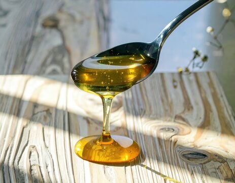 A spoon is being used to scoop honey from a jar