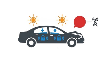 Fototapeta premium Car accident simulation icon showcasing smart vehicle safety systems unlocking doors and sending emergency signals after a crash.