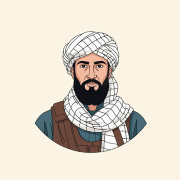 Portrait vector illustration of a man with a black beard, wearing a traditional striped turban and scarf with a brown utility vest, set against a plain beige background.