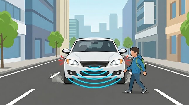 Smart car automatic emergency braking system detecting a pedestrian child crossing the street in the city.