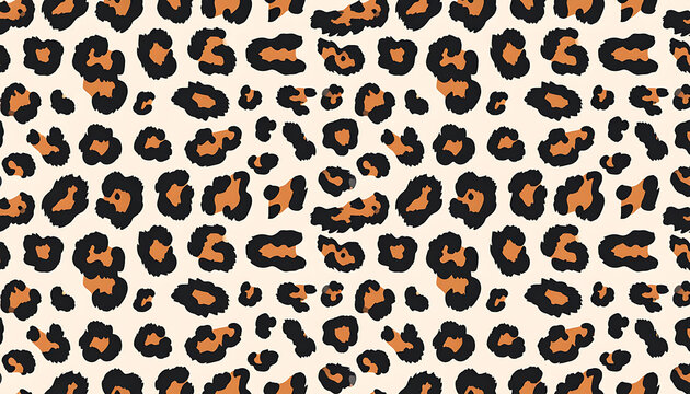 Seamless leopard print pattern with orange and black spots on a light beige background, animalistic texture for fashion and decor