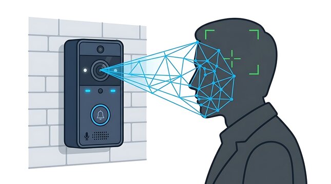 Smart doorbell camera system scanning and recognizing human face profile vector illustration.