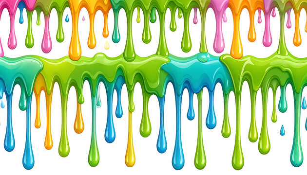 Seamless pattern of colorful dripping paint, slime or liquid blobs in vibrant rainbow hues, abstract background