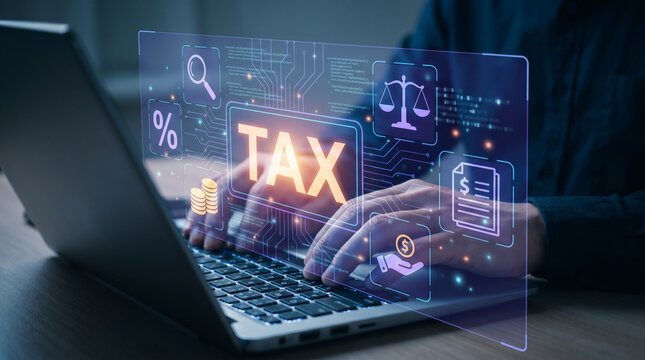 Hands typing on laptop keyboard with tax overlay representing digital financial management and online business accounting solutions for corporate income tax and wealth optimization.