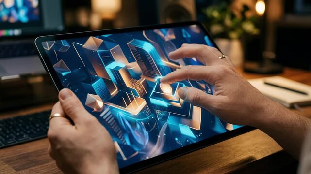 Medium shot of hands interacting with a touchscreen visual timeline for strip sale transactions focusing on timeline nodes with blurred ambient office environment.