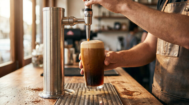 Barista pouring cold brew nitro coffee into glass from stainless steel tap in modern cafe setting showing foam top and brown leather apron detail during busy service daytime hours.
