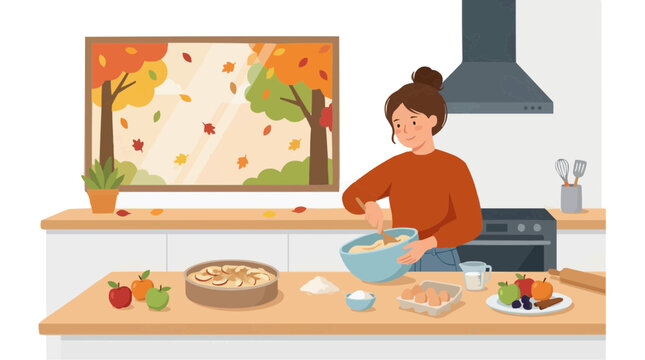 FLAT 2d minimalist Woman baking an apple pie in a kitchen with autumn leaves falling outside the window Silhouette PNG Isolated on transparent background Vector