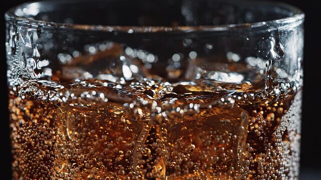 Close-up of bubbly brown soda with ice cubes in a glass, refreshing beverage with carbonation