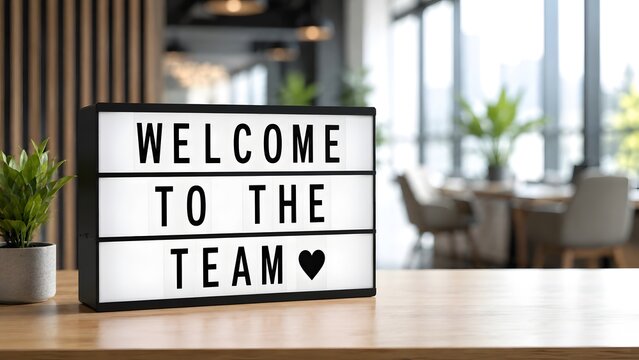 Illuminated lightbox with welcome to the team text on a modern office desk, representing new hire greeting and corporate onboarding process