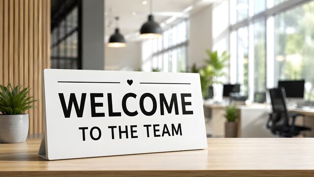 Minimalist welcome to the team desk plaque in a bright sunny office space, illustrating employee integration and modern workplace culture