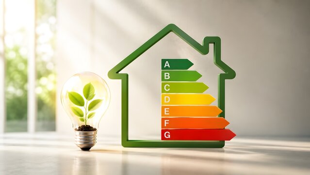 Green house model with energy efficiency rating chart and plant inside a lightbulb, representing sustainable architecture and eco friendly home
