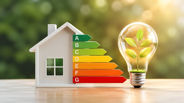 Home energy efficiency concept with a house model showing A to G rating scale next to a glowing lightbulb with a green sprout inside