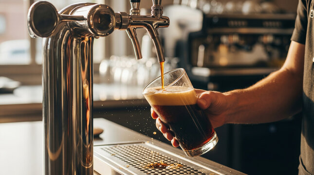 Bartender pouring dark beer into glass from tap in modern pub or brewery fresh craft ale in pint glass refreshing beverage.