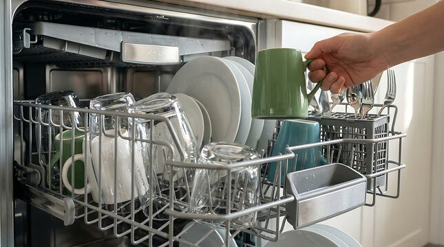 Person loading dishes and glasses into dishwasher rack in kitchen