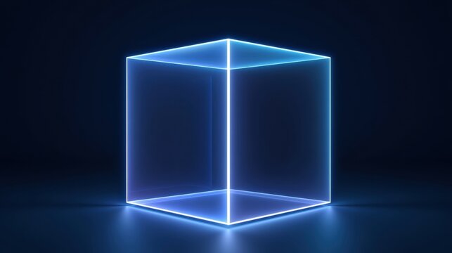 A hypercube tesseract rotates in space with inner and outer cubes linked by blue glowing edges against a dark navy background.