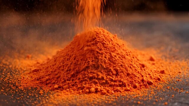 Vibrant orange spice powder falling into a pile on a dark surface.