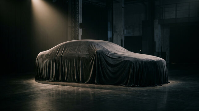 New car model reveal concept featuring luxury sedan hidden under smooth black fabric cover illuminated by soft spotlight inside empty dark industrial garage space for automotive launch event.